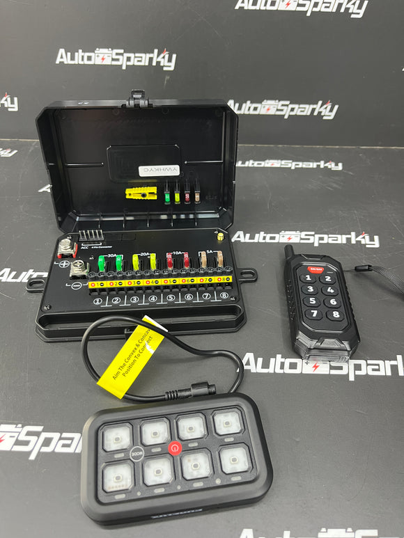 Switch Panel with Fuse / Relay Box - 8 Gang - Bluetooth App Control - Remote Control - RGB Multi Colour Backlight - 12v/24v