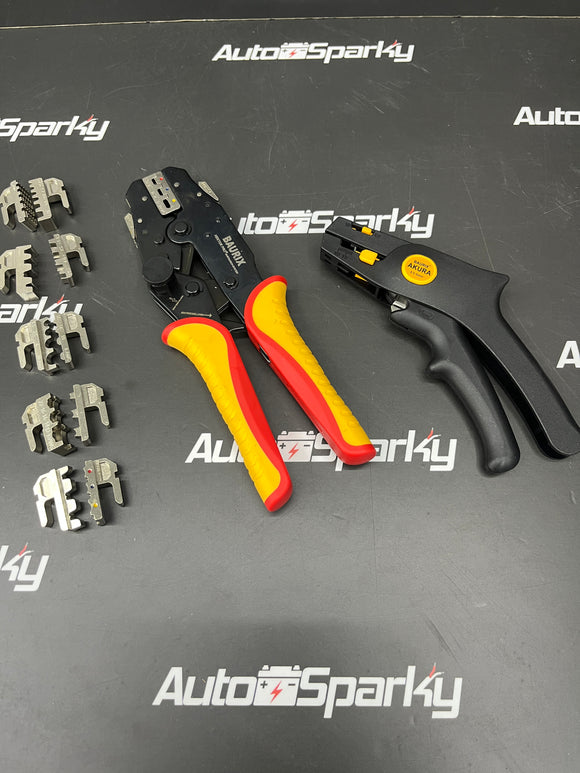 Heavy Duty Crimping Tool & Wire Stripping Set - Interchangeable Jaws for Cable Lugs, Flat Connectors, End Ferrules - Baurix German Made