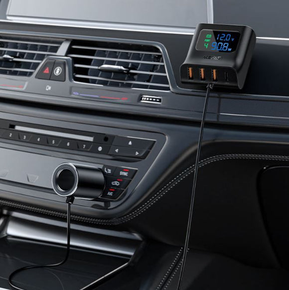 Fast Charge Car HUB Charger with Digital Display (3xUSB - 1xUSB-C) - 90W